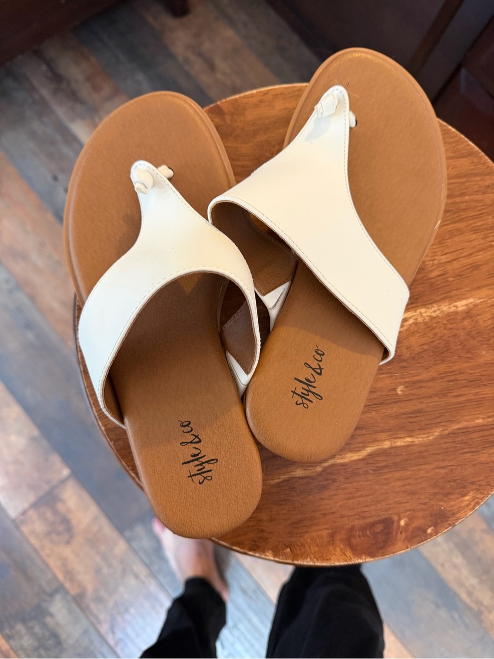 Style & Co. Cream Leather Toe-Ring Sandals with Tan Footbed